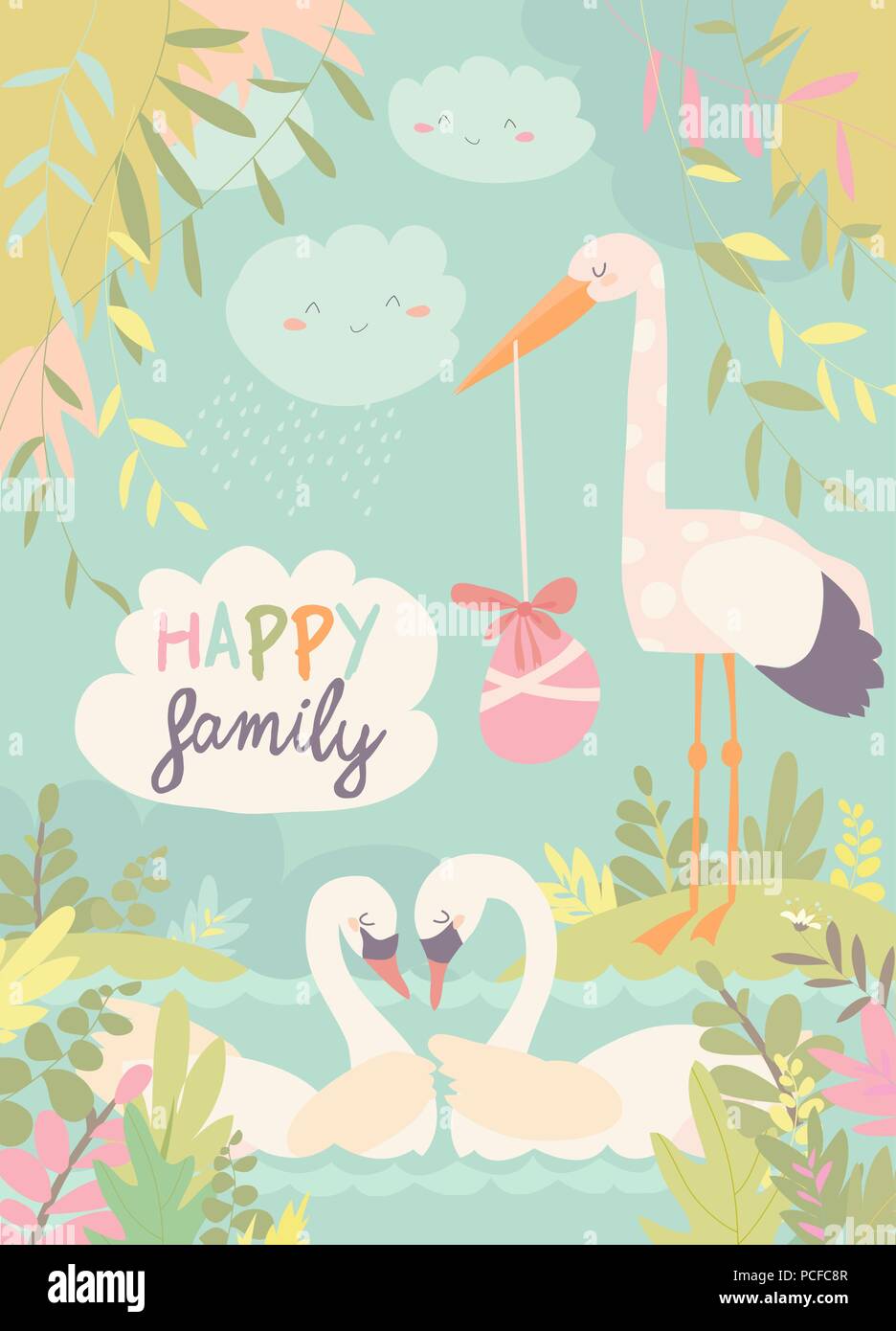 Cartoon swans in love and stork with baby Stock Vector