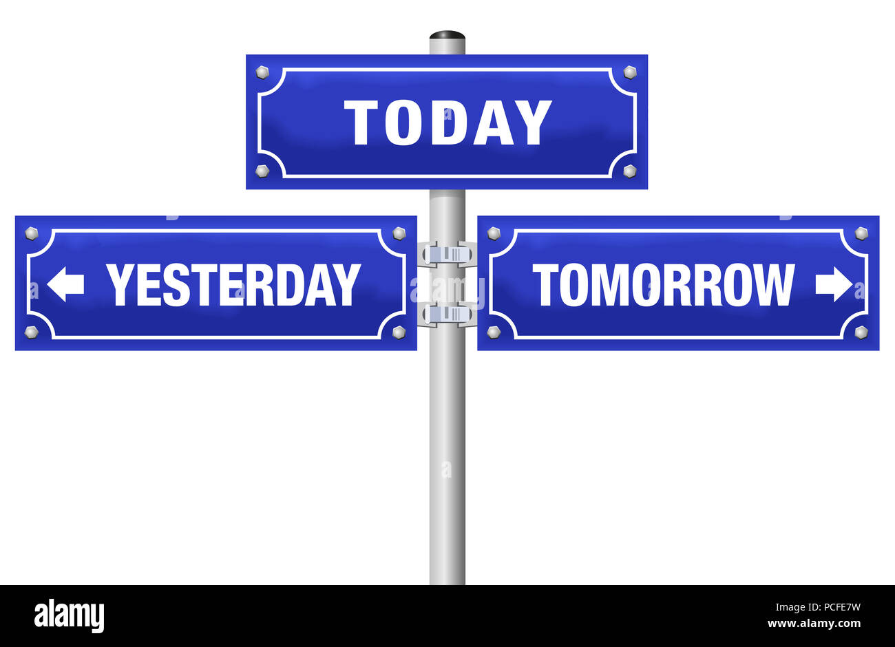 YESTERDAY, TODAY, TOMORROW, written on three blue signposts - symbolic for living in the here and now, not in the past or future. Stock Photo