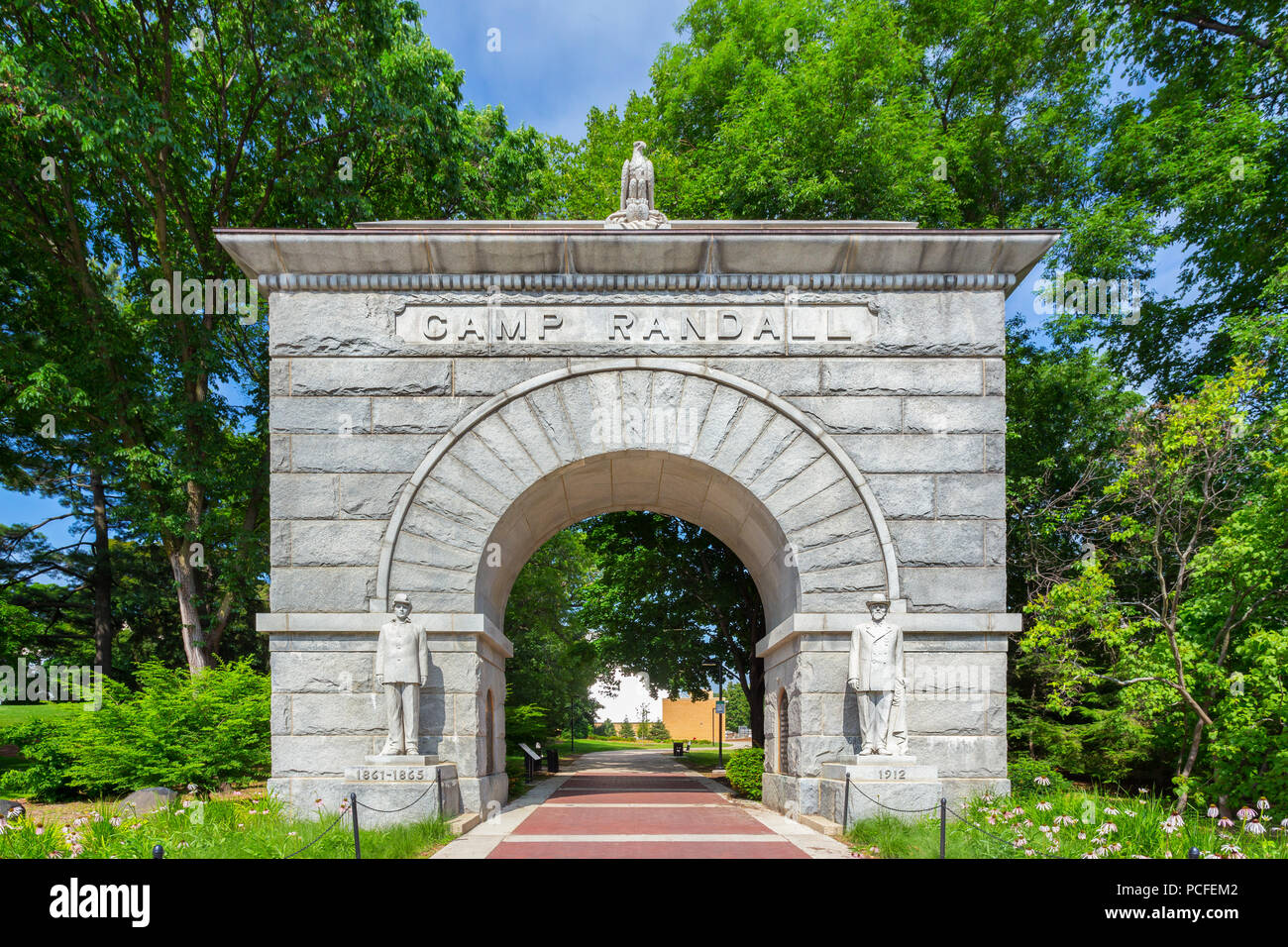MADISON, WI/USA - JUNE 26, 2014:  Historic arched entry to Camp Randall Stadium on the campus of the University of Wisconsin-Madison. Stock Photo