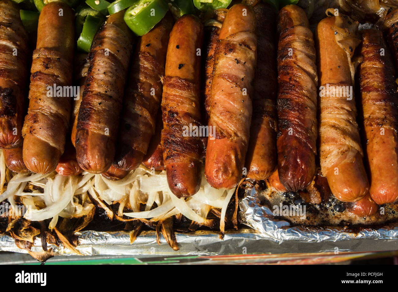 Bacon wrapped hot dogs, Venice Beach, Los Angeles, California, United