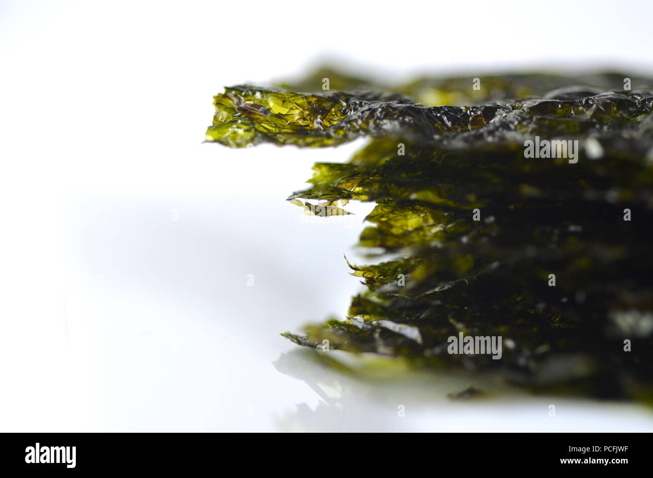 Detail top view of dried seaweed: nori. Isolated on white.Nutrient rich vegan, raw and healthy sea vegetables. Stock Photo