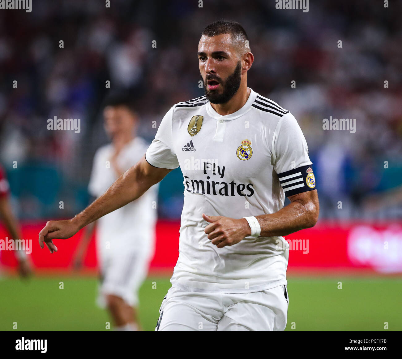 Miami Gardens, Florida, USA. 31st July, 2018. Real Madrid C.F. forward Karim Mostafa Benzema (9) in action during an International Champions Cup match between Real Madrid C.F. and Manchester United F.C. at the Hard Rock Stadium in Miami Gardens, Florida. Manchester United F.C. won the game 2-1. Credit: Mario Houben/ZUMA Wire/Alamy Live News Stock Photo
