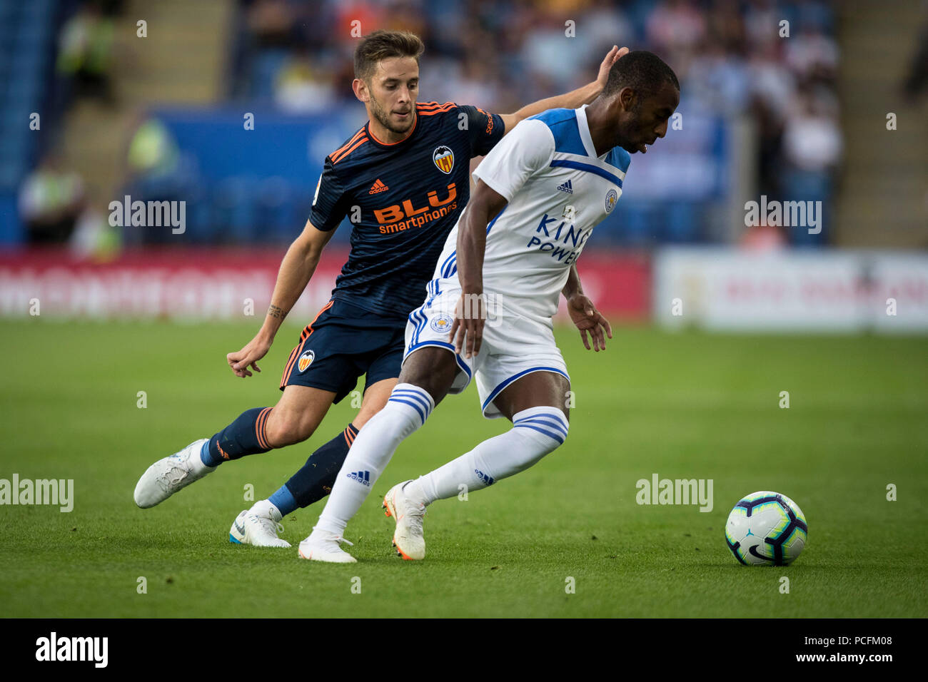 King Power Stadium, Leicester, UK. 1st Aug, 2018. Pre season football friendly, Leicester City versus Valencia; Ricard Pereira of Leicester City holds off Alvaro Medran of Valencia CF Credit: Action Plus Sports/Alamy Live News Stock Photo