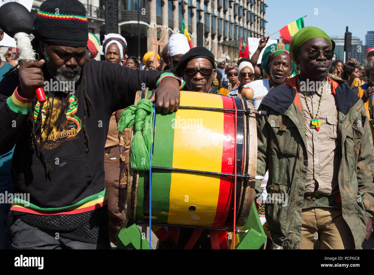 London UK 1st August 2018 People during March to demand holistic reparatory justice for the African Holocaust. Credit: Thabo Jaiyesimi/Alamy Live News Stock Photo