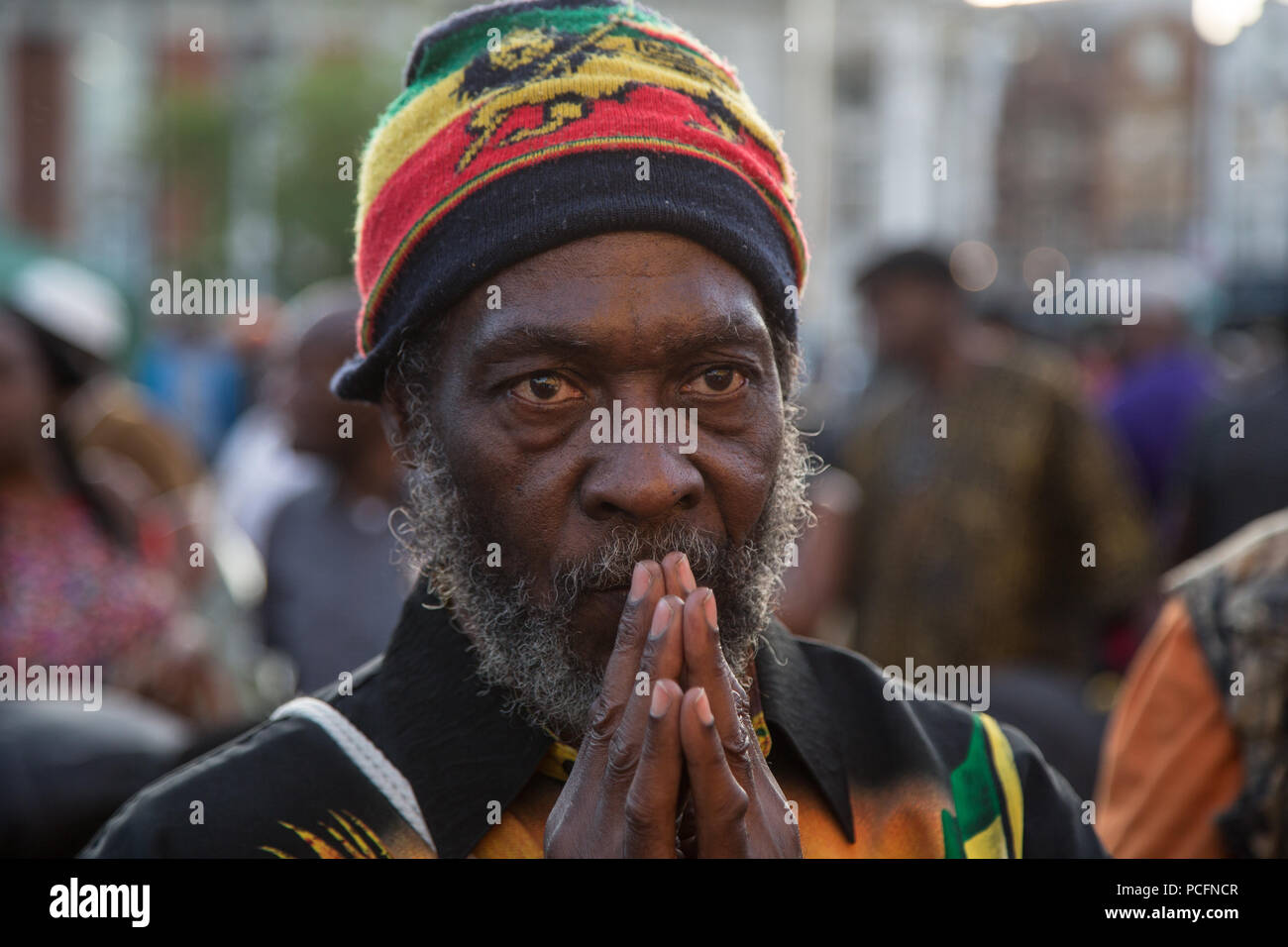 London UK 1st August 2018  A man in Windrush Square, Brixton during march to  demand holistic reparatory justice for the African Holocaust. Credit: Thabo Jaiyesimi/Alamy Live News Stock Photo