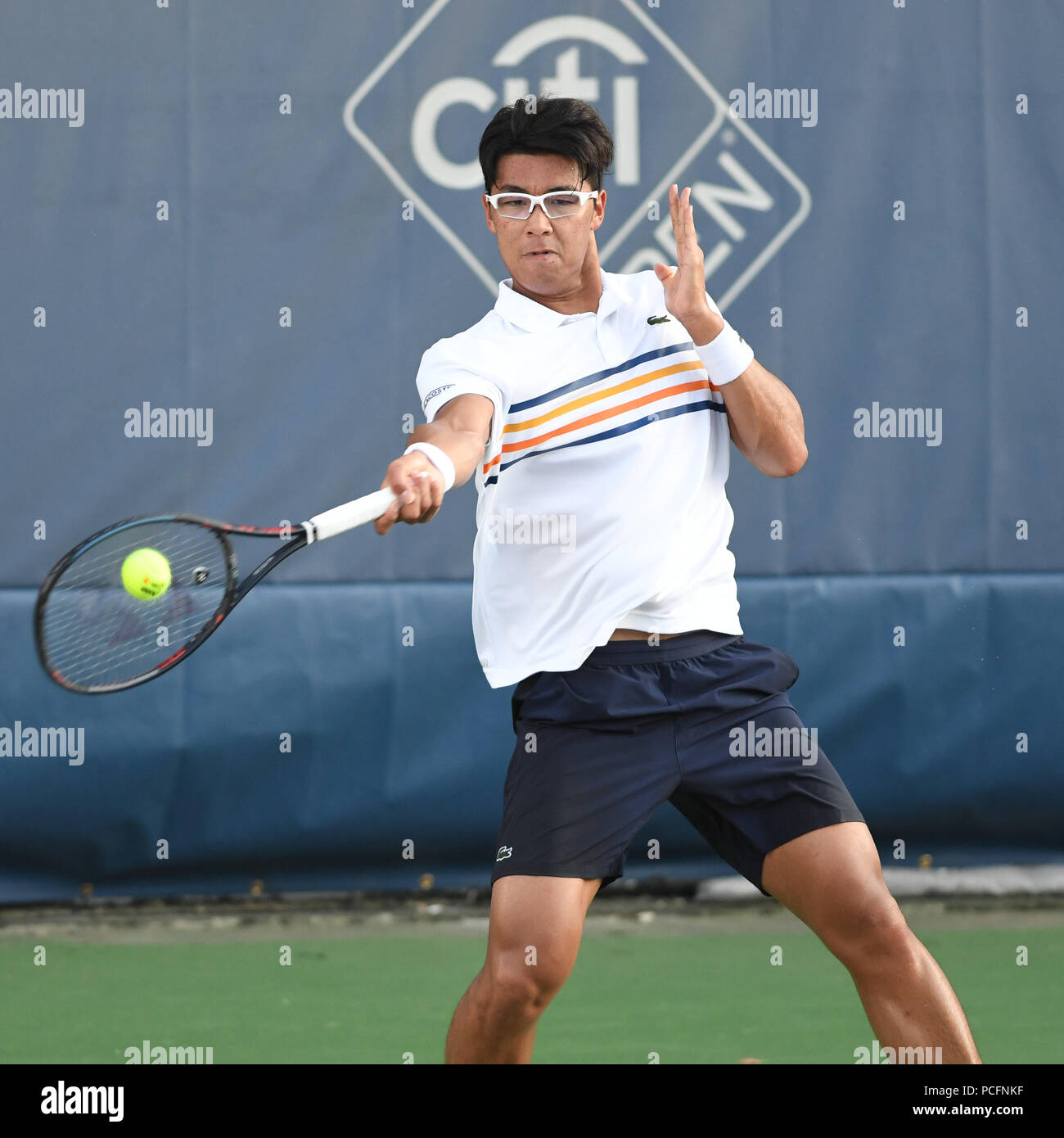 Washington, D.C, USA. 1st Aug, 2018. HYEON CHUNG hits a forehand during his 2nd round match at the Citi Open at the Rock Creek Park Tennis Center in Washington, DC Credit: Kyle Gustafson/ZUMA Wire/Alamy Live News Stock Photo