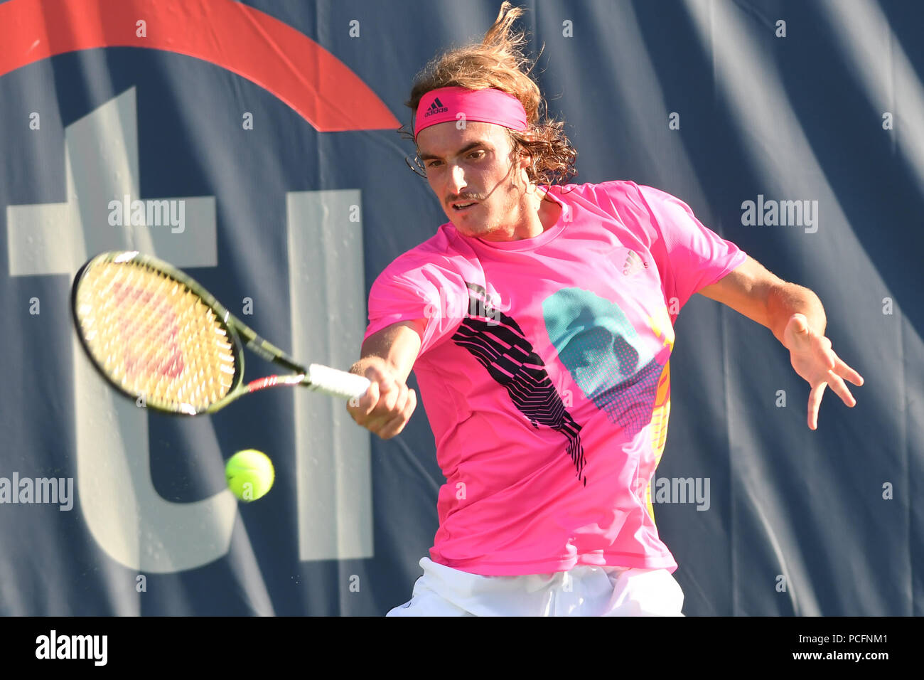 Washington, D.C, USA. 1st Aug, 2018. STEFANOS TSITSIPAS hits a forehand  during his 2nd round match at the Citi Open at the Rock Creek Park Tennis  Center in Washington, DC Credit: Kyle