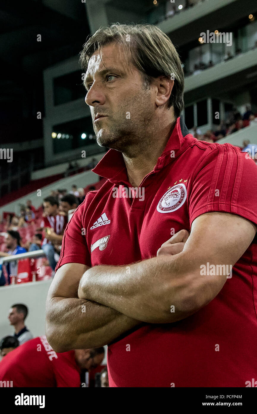 Piraeus, Greece. 1st Aug, 2018. Olympiacos' head coach Pedro Martins reacts  before the friendly soccer match