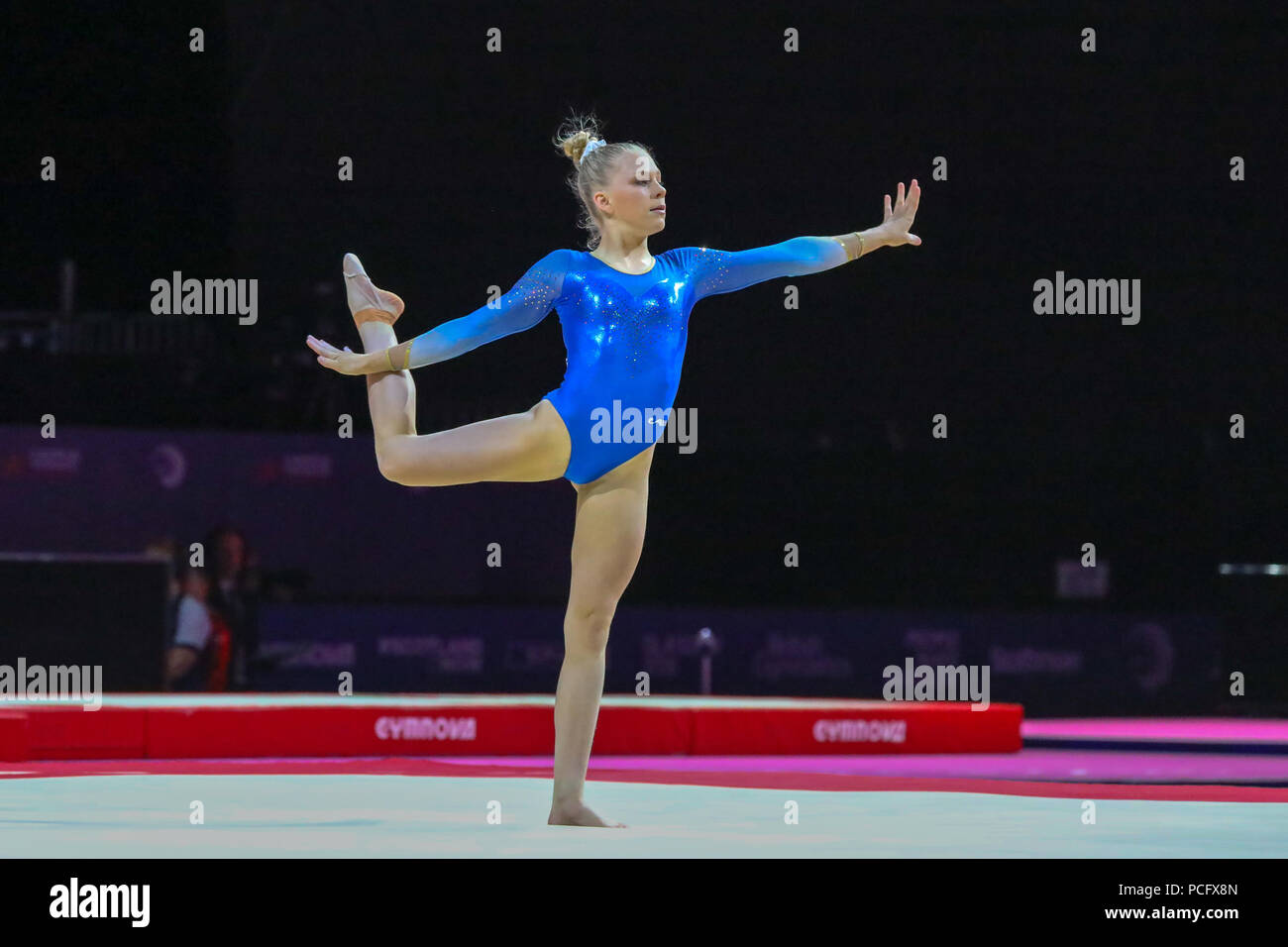 Glasgow, UK. 2nd August 2018. The first gymnastic competitions of the European championships took place at the Glasgow Hydro arena, Scottish exhibition centre with entrants from Denmark, Luxemburg,Sweden, Cyprus, Bulgaria, Ireland, Georgia, Lithuania, Slovenia and the Czech Republic. Credit: Findlay/Alamy Live News Stock Photo