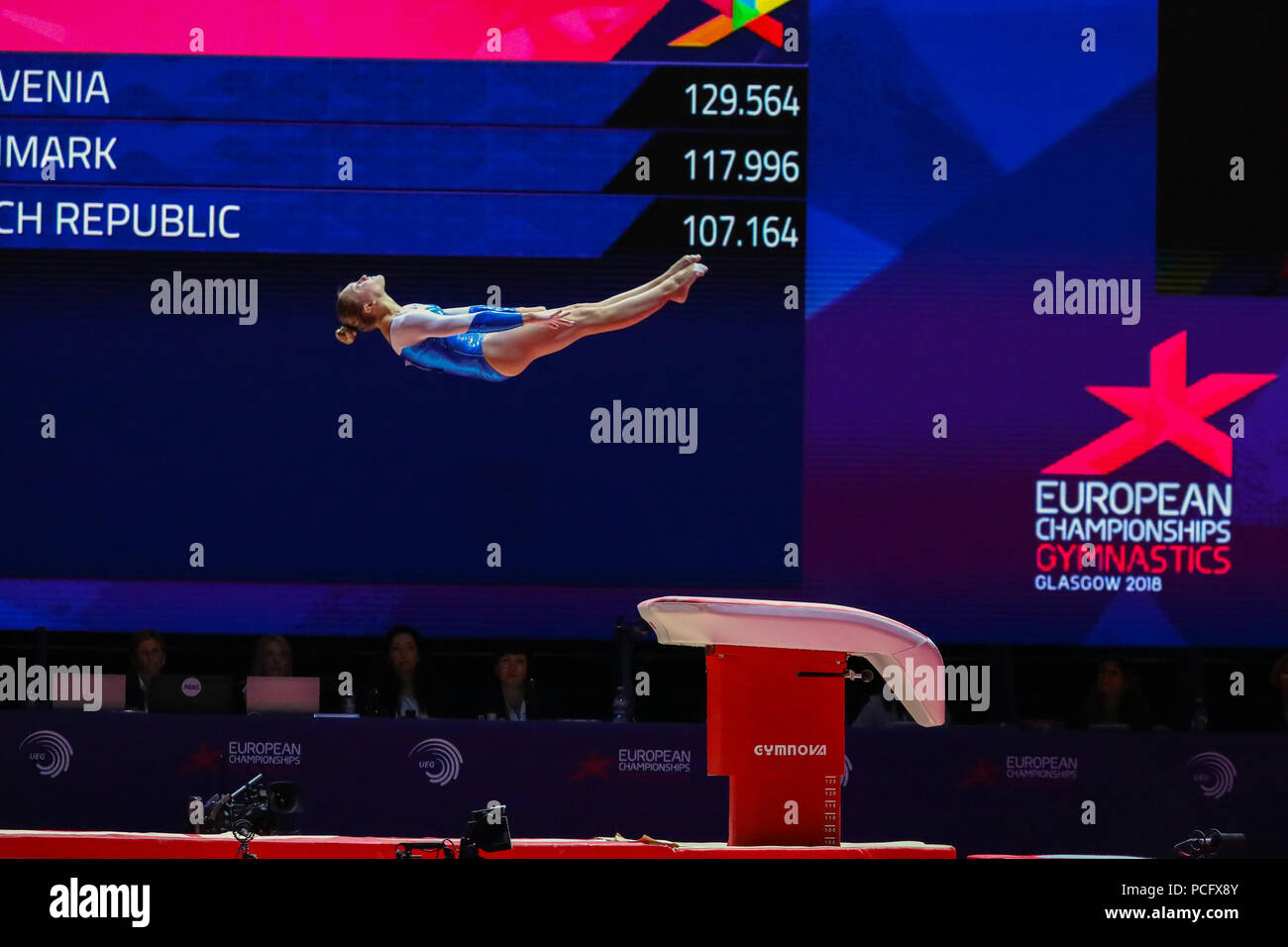 Glasgow, UK. 2nd August 2018. The first gymnastic competitions of the European championships took place at the Glasgow Hydro arena, Scottish exhibition centre with entrants from Denmark, Luxemburg,Sweden, Cyprus, Bulgaria, Ireland, Georgia, Lithuania, Slovenia and the Czech Republic. Credit: Findlay/Alamy Live News Stock Photo