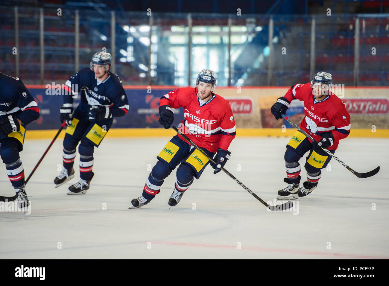 Berlin, Germany. 02nd Aug, 2018. Marcel Noebels (l-r), James Sheppard and Mark Cundari of Eisbaeren Berlin pictured during the first training session of the season. Credit: Gregor Fischer/dpa/Alamy Live News Stock Photo