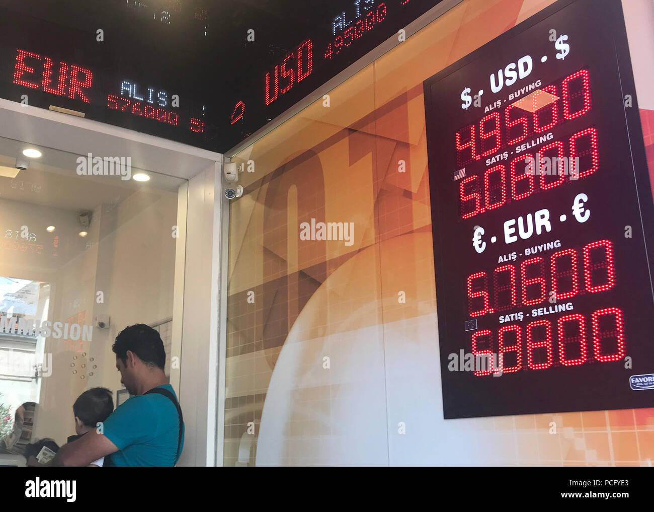 Istanbul. 2nd Aug, 2018. Photo taken on Aug. 2, 2018 shows the exchange rate at a money exchange shop in Istanbul, Turkey. The Turkish lira on Wednesday slumped to a record low of 5.0 against the U.S. dollar as the U.S. sanctioned two ministers of Turkish government over the continued detention of an U.S. pastor. Credit: Cenk Baklan/Xinhua/Alamy Live News Stock Photo