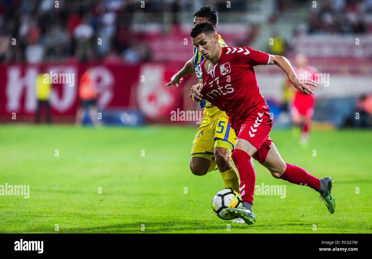 Cair Stadium, Nis, Serbia. 2nd Aug, 2018. UEFA Europa League qualification,  second qualifying round, 2nd leg; Radnicki Nis versus Maccabi Tel Aviv;  Aleksandar Stanisavljevic of Radnicki Nis celebrates scoring his goal with