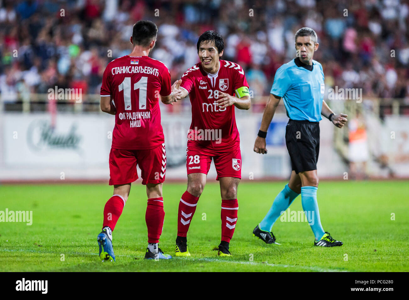 Cair Stadium, Nis, Serbia. 2nd Aug, 2018. UEFA Europa League qualification,  second qualifying round, 2nd leg; Radnicki Nis versus Maccabi Tel Aviv;  Aleksandar Stanisavljevic of Radnicki Nis celebrates scoring his goal with