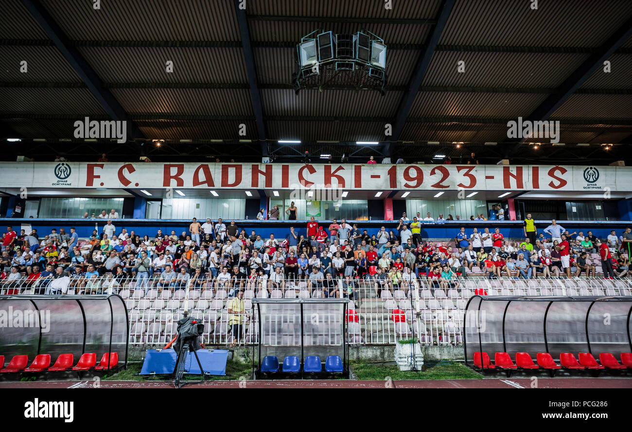 Cair Stadium, Nis, Serbia. 2nd Aug, 2018. UEFA Europa League qualification,  second qualifying round, 2nd leg; Radnicki Nis versus Maccabi Tel Aviv;  Aleksandar Stanisavljevic of Radnicki Nis celebrates scoring his goal with