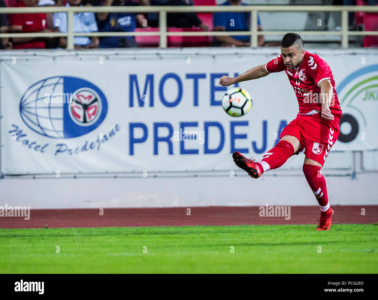 Cair Stadium, Nis, Serbia. 2nd Aug, 2018. UEFA Europa League qualification,  second qualifying round, 2nd leg; Radnicki Nis versus Maccabi Tel Aviv;  Aleksandar Stanisavljevic of Radnicki Nis celebrates scoring his goal with