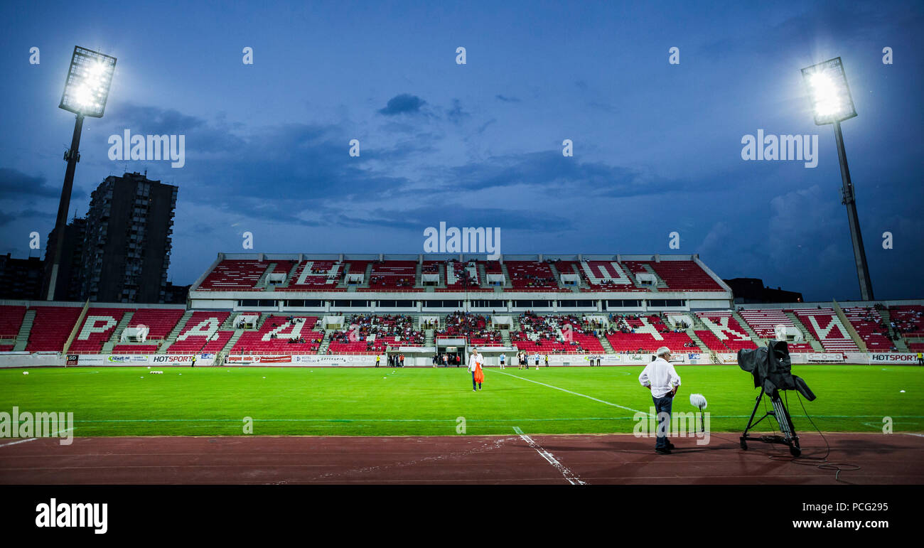 Cair Stadium, Nis, Serbia. 2nd Aug, 2018. UEFA Europa League qualification,  second qualifying round, 2nd leg; Radnicki Nis versus Maccabi Tel Aviv;  Aleksandar Stanisavljevic of Radnicki Nis celebrates scoring his goal with