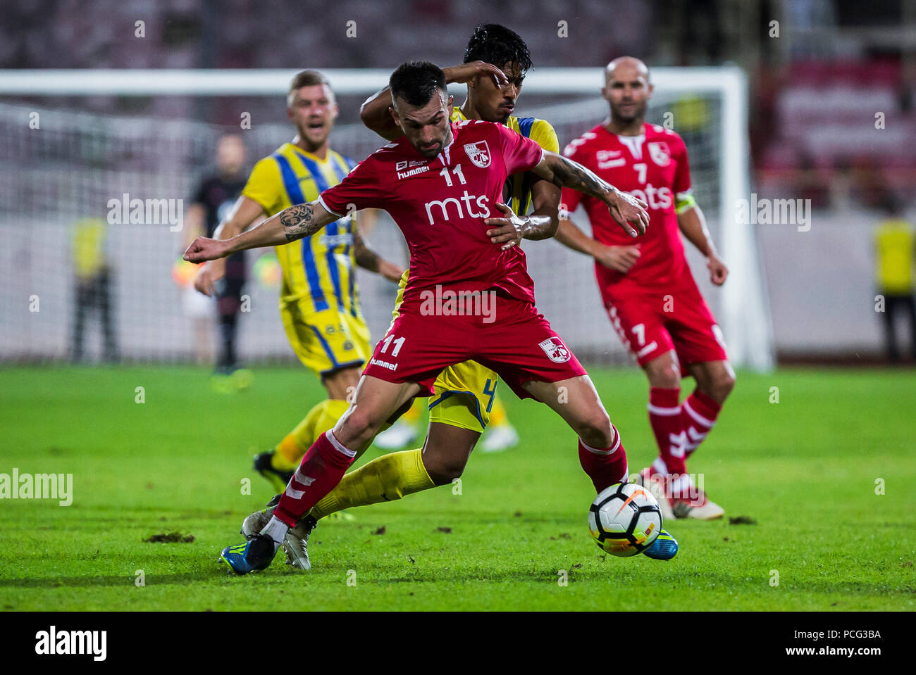 Cair Stadium, Nis, Serbia. 2nd Aug, 2018. UEFA Europa League qualification,  second qualifying round, 2nd leg; Radnicki Nis versus Maccabi Tel Aviv;  Aleksandar Stanisavljevic of Radnicki Nis celebrates scoring his goal with