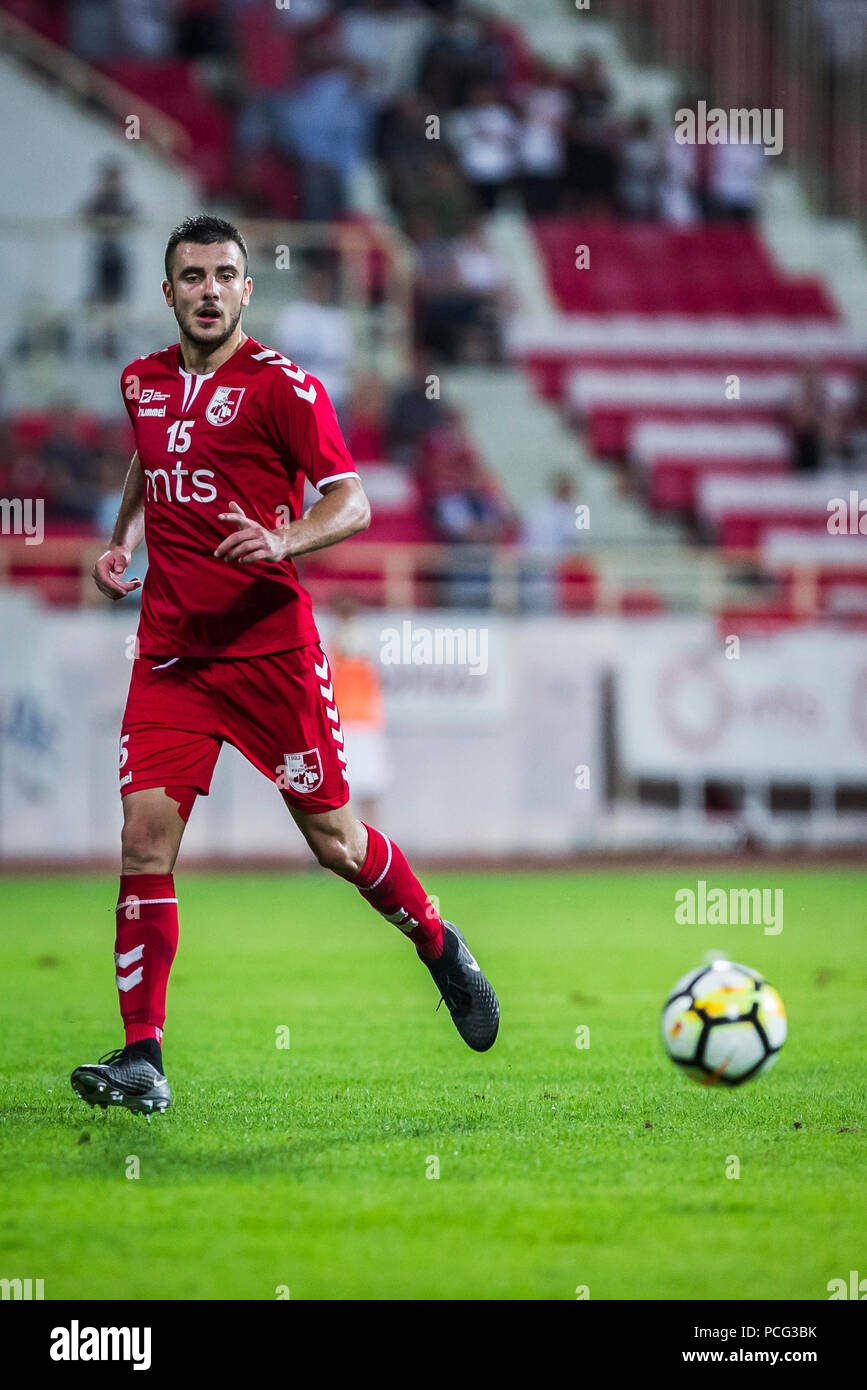 Cair Stadium, Nis, Serbia. 2nd Aug, 2018. UEFA Europa League qualification,  second qualifying round, 2nd leg; Radnicki Nis versus Maccabi Tel Aviv;  Aleksandar Stanisavljevic of Radnicki Nis celebrates scoring his goal with