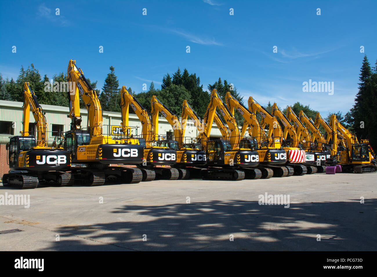 Greenshields JCB depot, dealer and distributer of JCB construction and industrial equipment based near Farnham, Surrey, UK. Row of yellow JCB diggers. Stock Photo