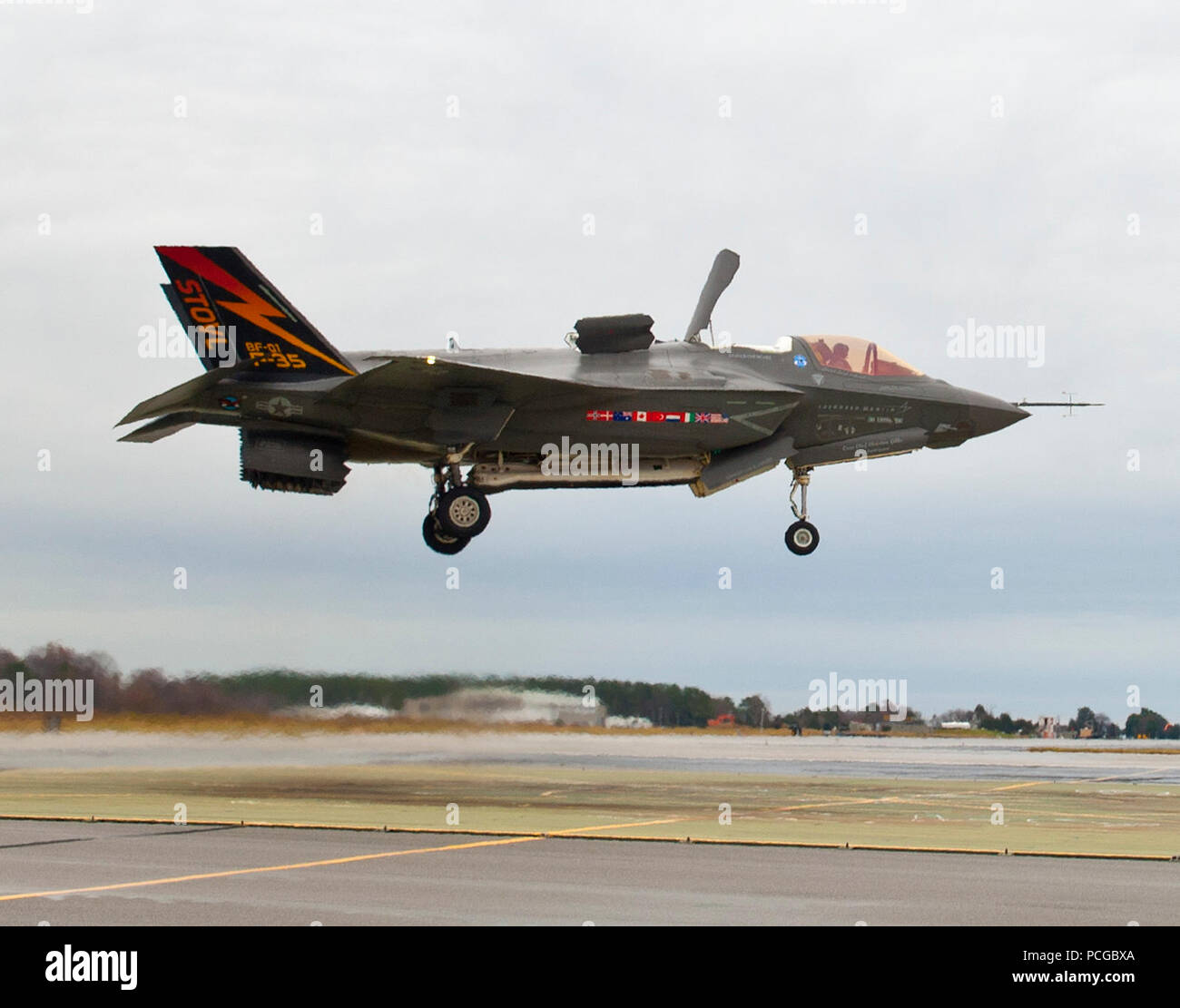 PATUXENT RIVER, Md. (Dec. 7, 2012) Maj. C. R. Clift, a Marine Corps test pilot, flies BF-1, an F-35B Lightning II, on a short take off and vertical landing mode mission. The flight marked the 1000th developmental test flight for the F-35B Lightning II in the program's program's system development and demonstration phase. The F-35B is the variant of the Lightning II designed for use by the U.S. Marine Corps, as well as F-35 international partners in the United Kingdom and Italy. The F-35B is capable of short takeoffs and vertical landings to enable air power projection from amphibious ships, sk Stock Photo
