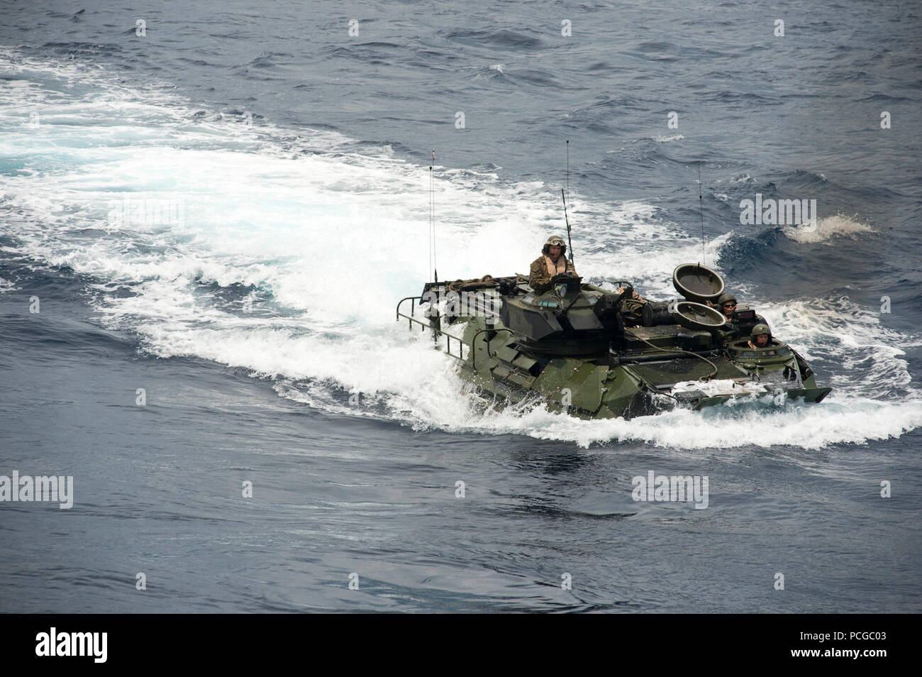 An amphibious assault vehicle, assigned to the 31st Marine Expeditionary Unit (MEU), prepares to embark the well deck of the amphibious dock landing ship USS Germantown (LSD 42) during the Amphibious Landing Exercise for PHIBLEX15. PHIBLEX15 is an annual bilateral training exercise conducted with the Armed Forces of the Philippines. Germantown is part of the Peleliu Expeditionary Strike Group, commanded by Rear Adm. Hugh Wetherald, and is conducting joint forces exercises in the U.S. 7th Fleet area of responsibility. Stock Photo