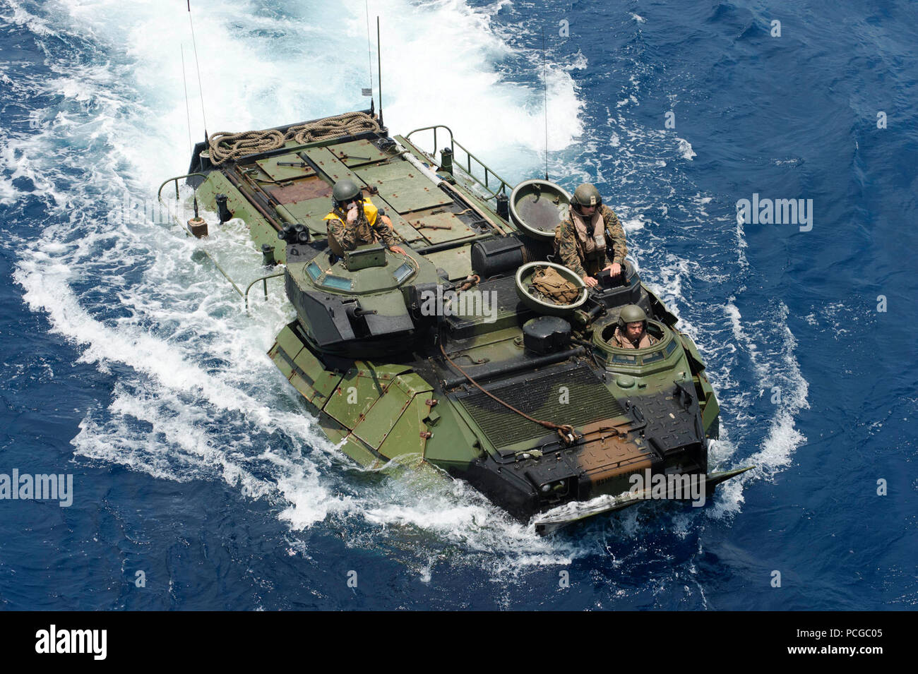 An amphibious assault vehicle, assigned to the 31st Marine Expeditionary Unit (MEU), prepares to embark the well deck of the amphibious dock landing ship USS Germantown (LSD 42) during the Amphibious Landing Exercise 2015 (PHIBLEX15). PHIBLEX15 is an annual bilateral training exercise conducted with the Armed Forces of the Philippines. Germantown is part of the Peleliu Expeditionary Strike Group, commanded by Rear Adm. Hugh Wetherald, and is conducting joint forces exercises in the U.S. 7th Fleet area of responsibility. Stock Photo