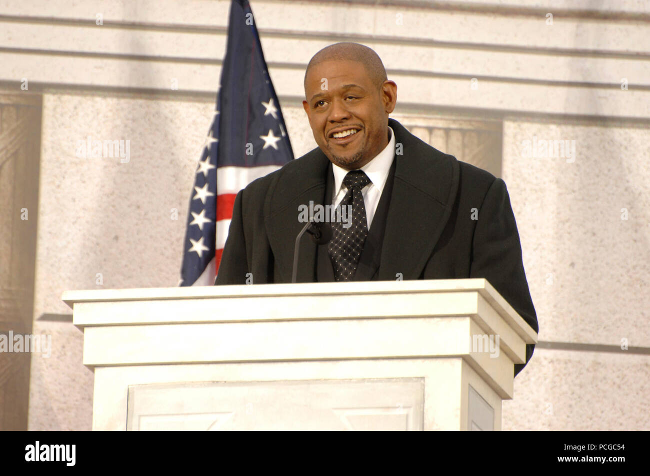 During the inaugural opening ceremonies at the Lincoln Memorial on the National Mall in Washington, D.C., Jan. 18, 2009, Forest Whitaker speaks to the crowd about the importance of poets, writers and other artists in our society. More than 5,000 men and women in uniform are providing military ceremonial support to the presidential inauguration, a tradition dating back to George Washington's 1789 inauguration. ( Stock Photo
