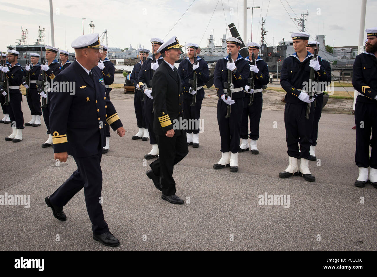 KARLSKRONA, Sweden (July 14, 2015) Chief of Naval Operations (CNO) Adm. Jonathan Greenert and Rear Adm. Jan Thornqvist, chief of staff of the Royal Swedish Navy, inspect the honor guard during a welcome ceremony at Karlskrona Naval Base. Greenert visits Sweden to hold bilateral talks with Royal Swedish Navy leadership and to tour Karlskrona Naval Base. Stock Photo