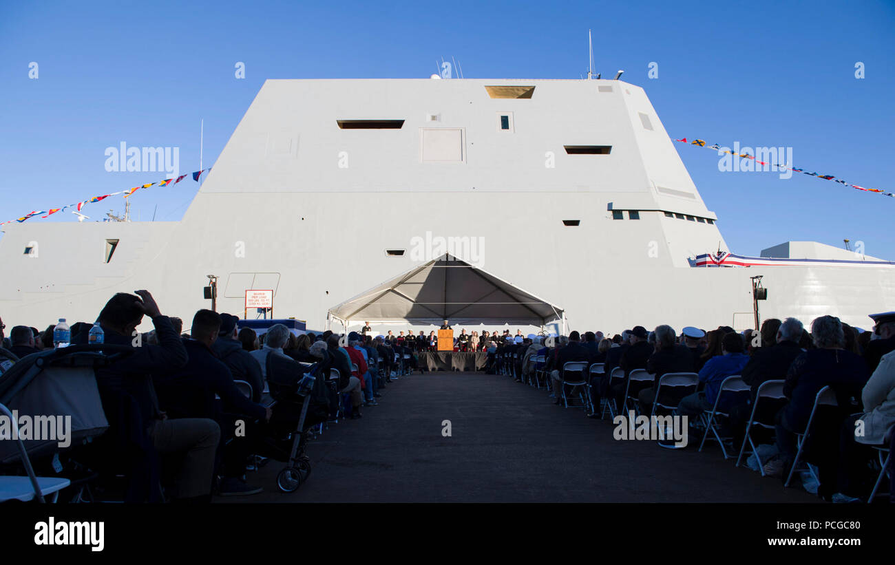 BALTIMORE, Md. (Oct. 15, 2016) Adm. Harry B. Harris Jr., commander of U.S. Pacific Command, speaks at the commissioning ceremony of USS Zumwalt (DDG 1000). Crewed by 147 Sailors, Zumwalt is the lead ship of a class of next-generation destroyers designed to strengthen naval power by performing critical missions and enhancing U.S. deterrence, power projection and sea control objectives. Stock Photo