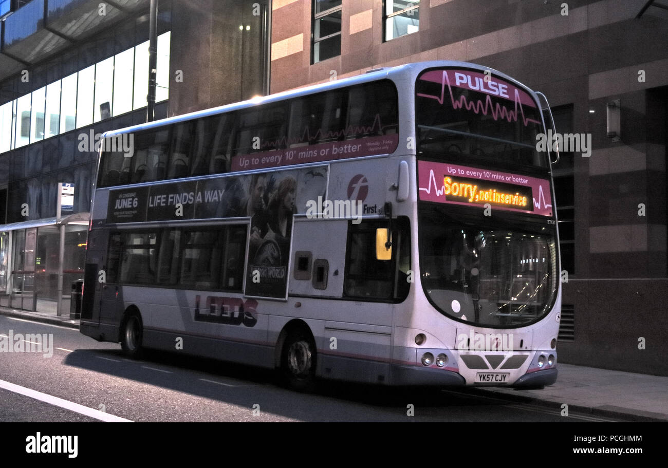 First Bus, Pulse service, Sorry Out of Service, Leeds city centre, West Yorkshire, England, LS1, UK Stock Photo