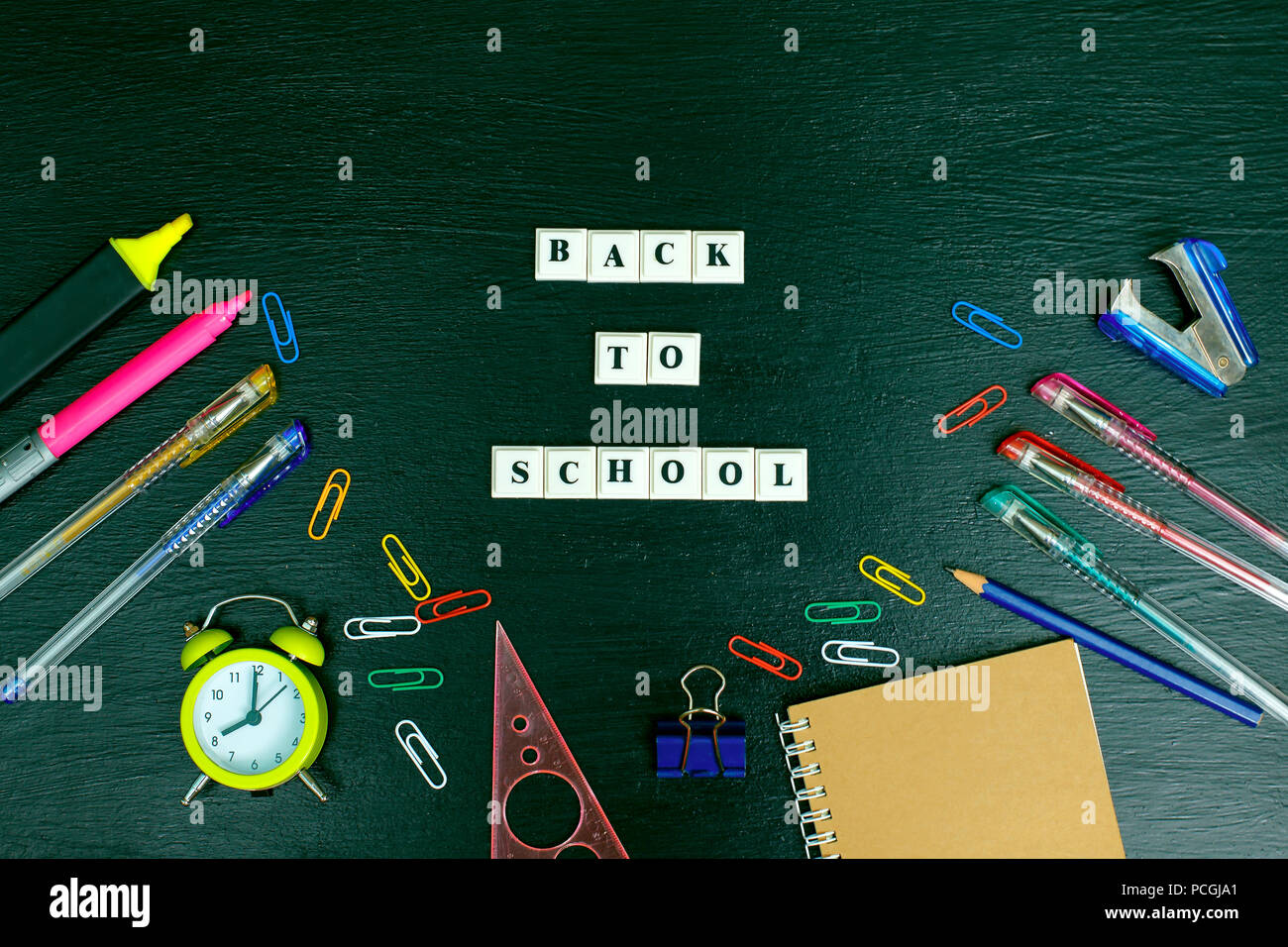 Banner Concept. Back to School on black blackboard background. Top View ...