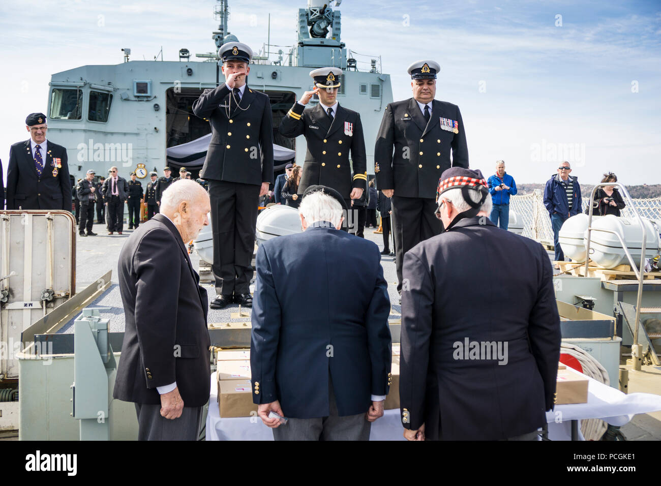 2018 Battle of the Atlantic service and committal ceremony on-board HMCS Halifax in Halifax Harbour, Nova Scotia, Canada. Stock Photo