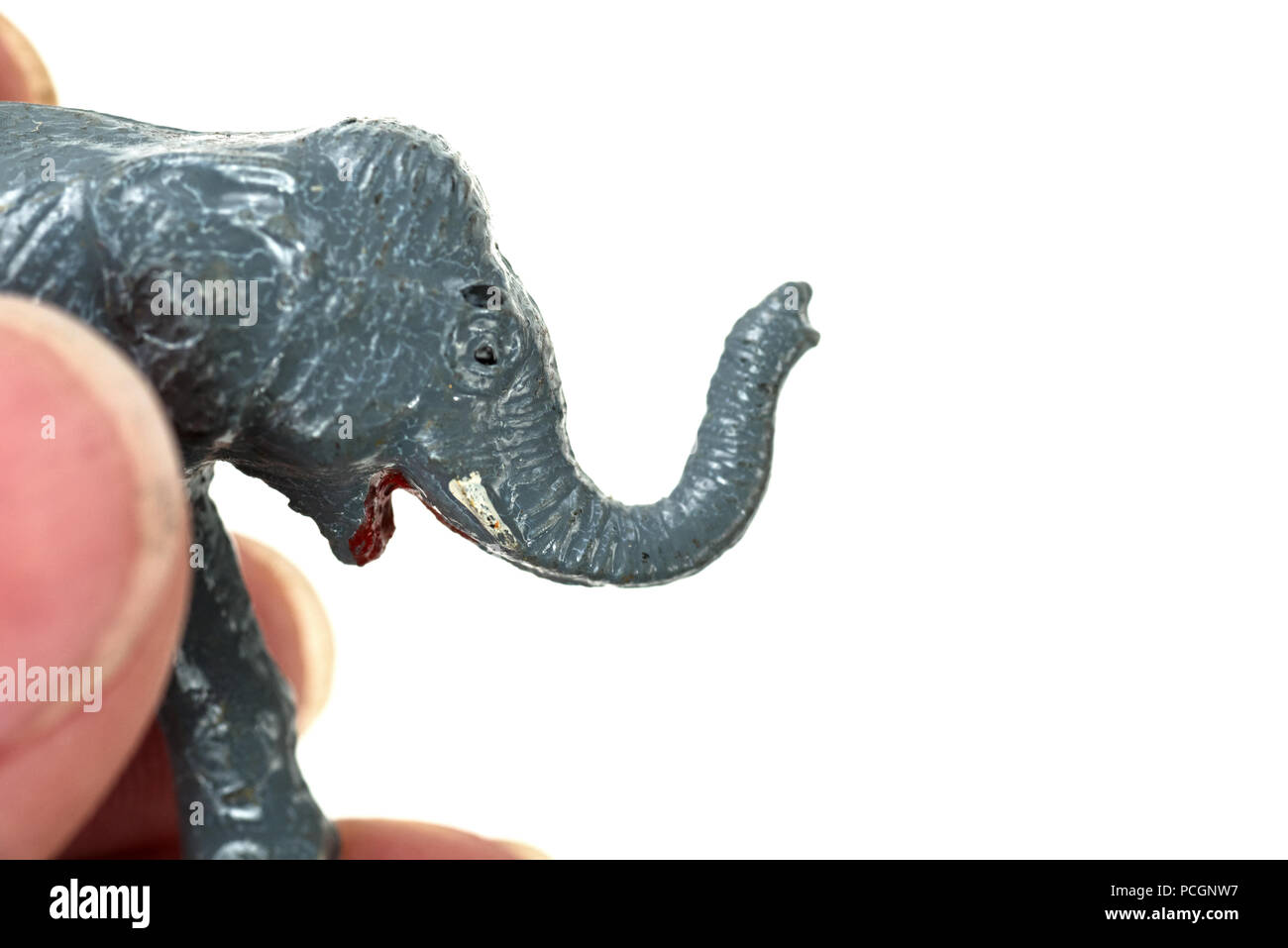 Macro photo of a miniature toy elephant from a 1960s Noah's Ark play