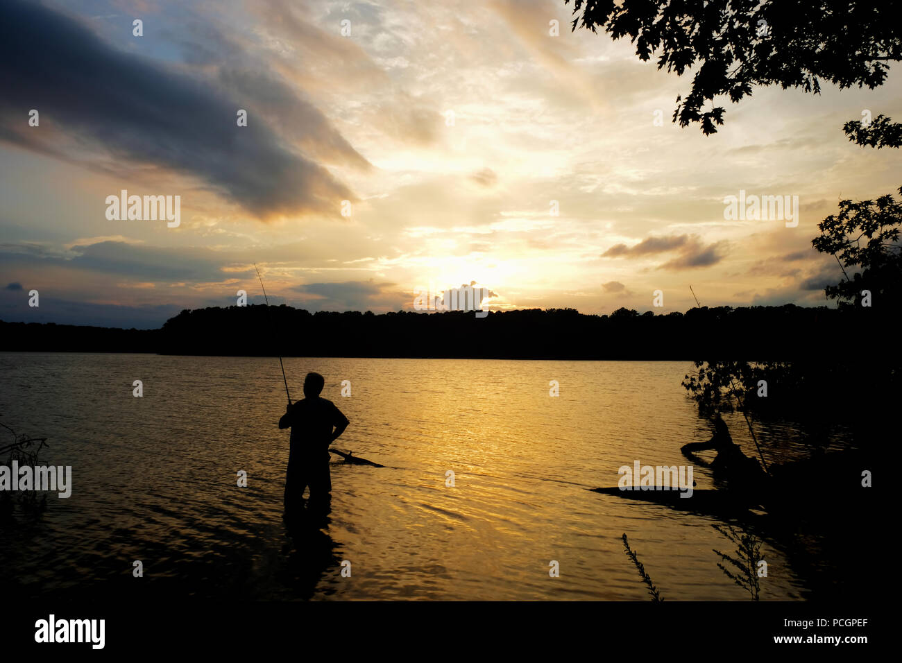 Silhouette of a fisherman standing knee deep in the water at sunset at Lake Benson Park in