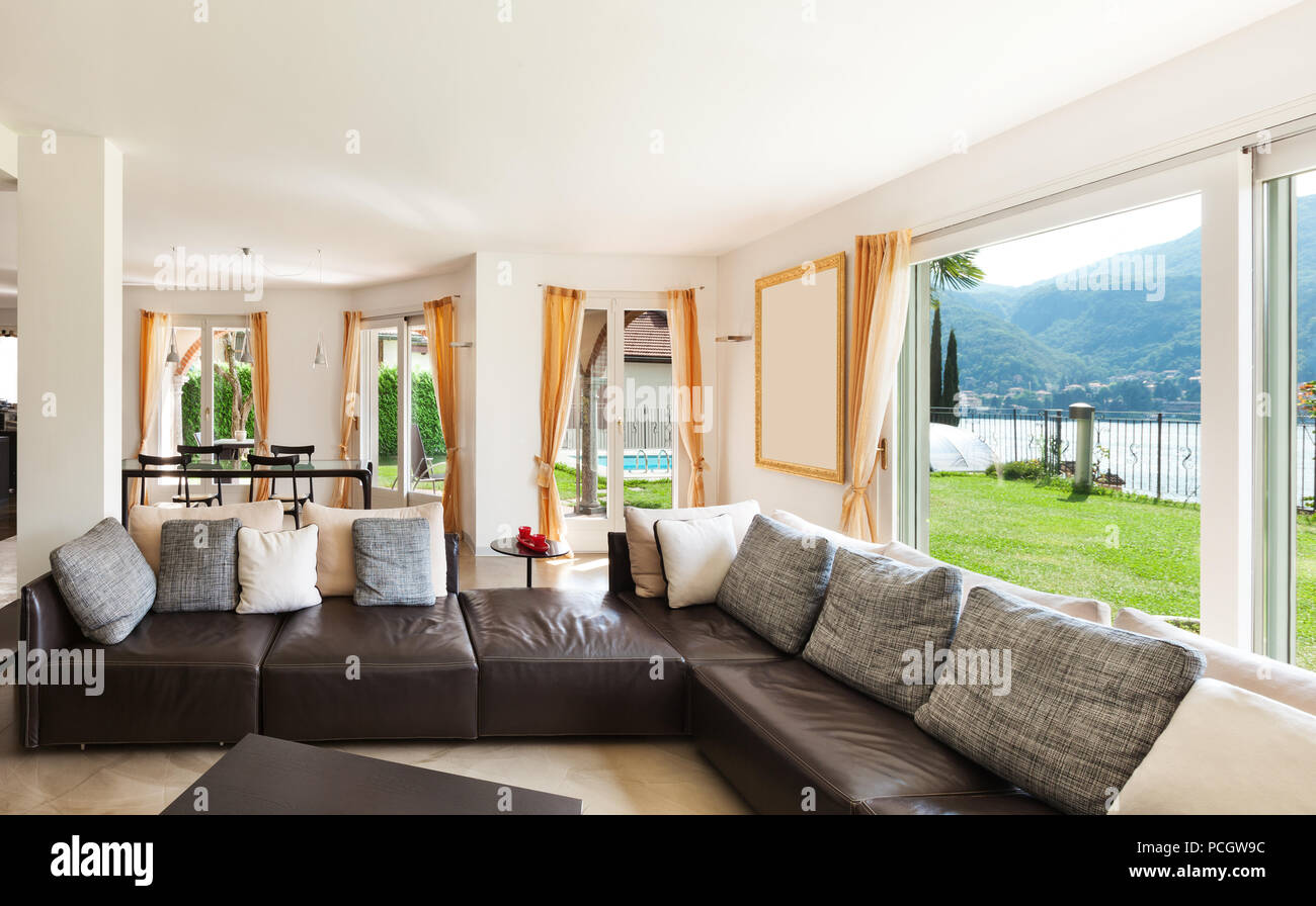 interior house, nice living room with leather sofa Stock Photo Alamy