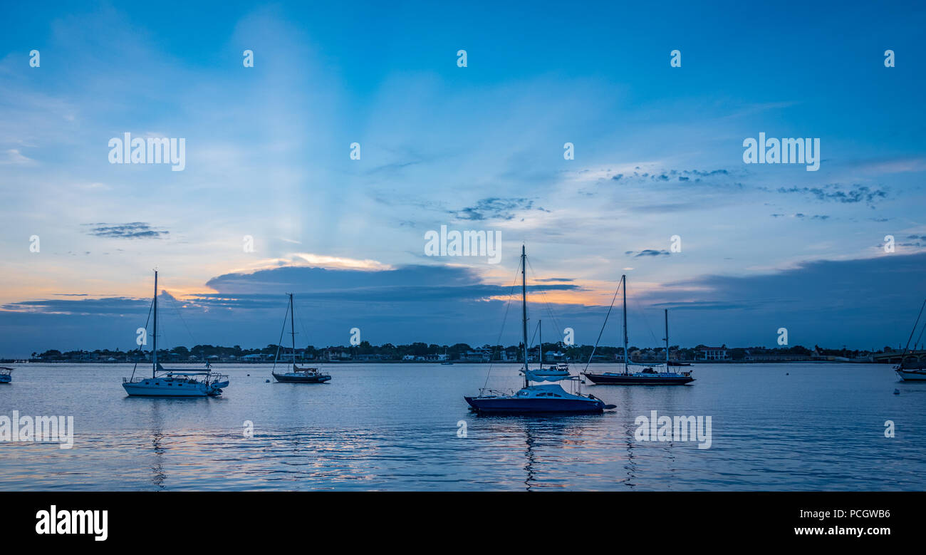 Harboring sailboats at sunrise on Matanzas Bay between St. Augustine, Florida and Anastasia Island. (USA) Stock Photo