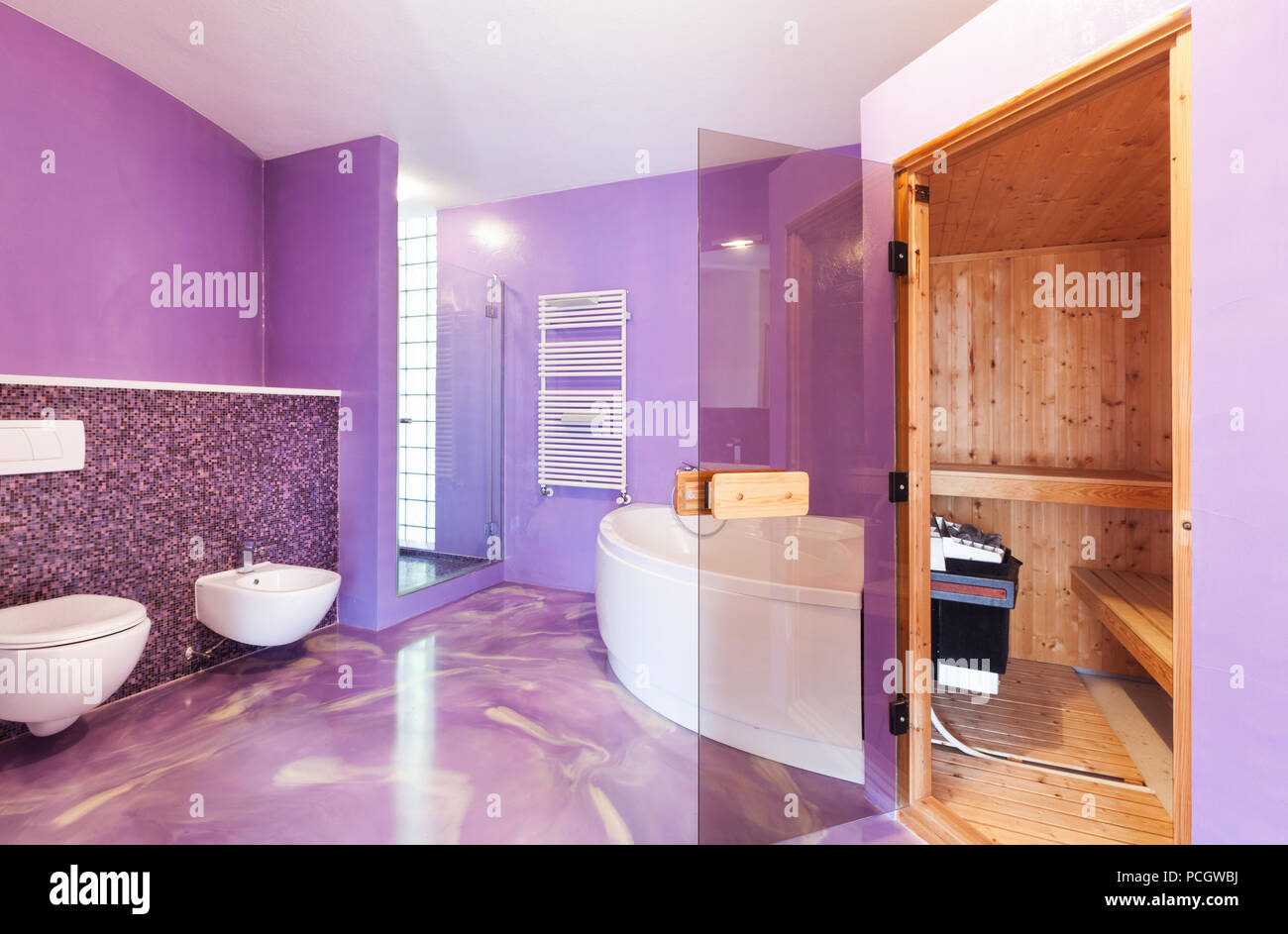 interior, new house, comfortable bathroom with sauna Stock Photo - Alamy