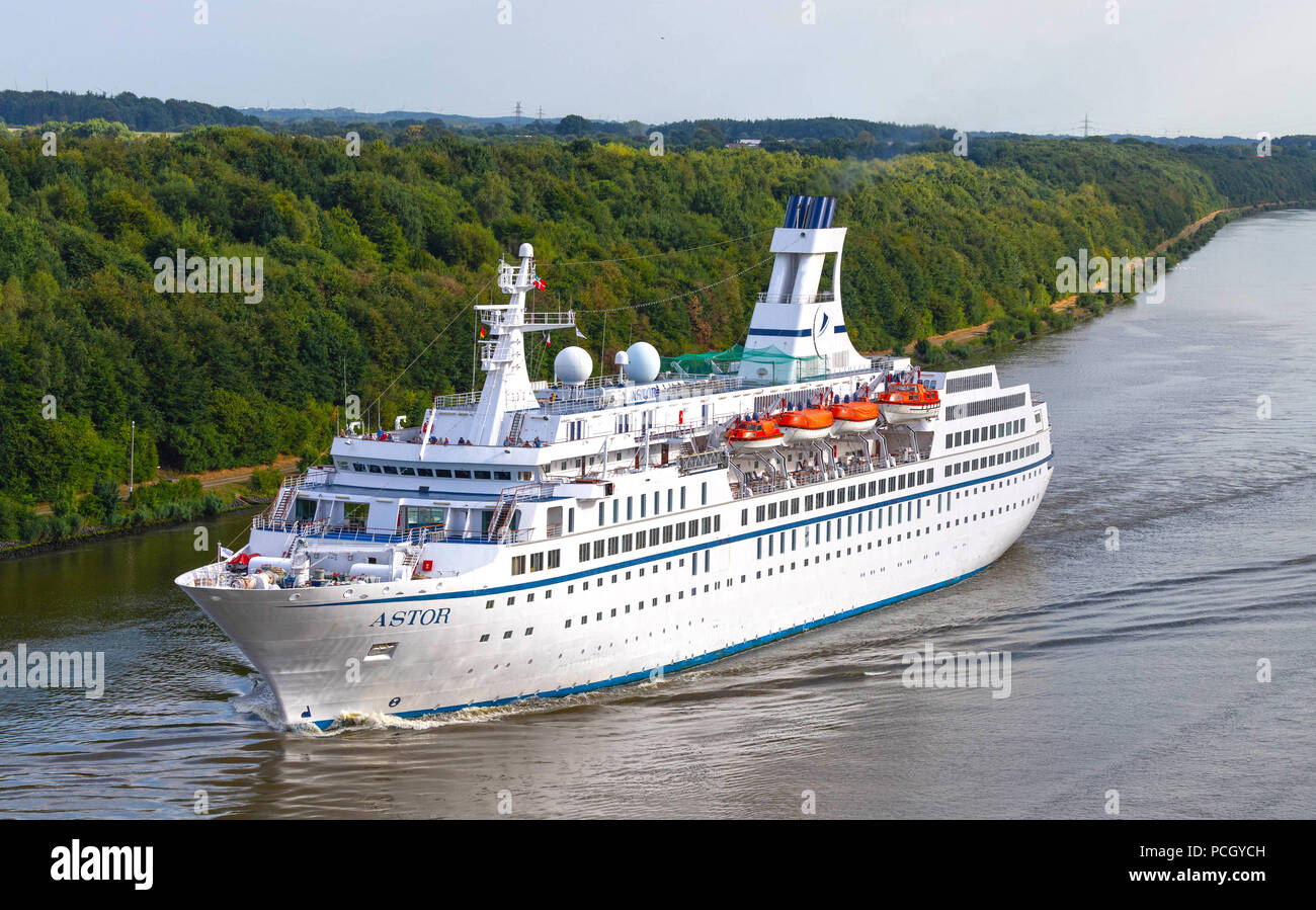 Albersdorf, Germany, July 30, 2018, Cruising ship 'Astor' crossing the North Sea Baltic Canal, in german language Nord - Ostsee Kanal Stock Photo