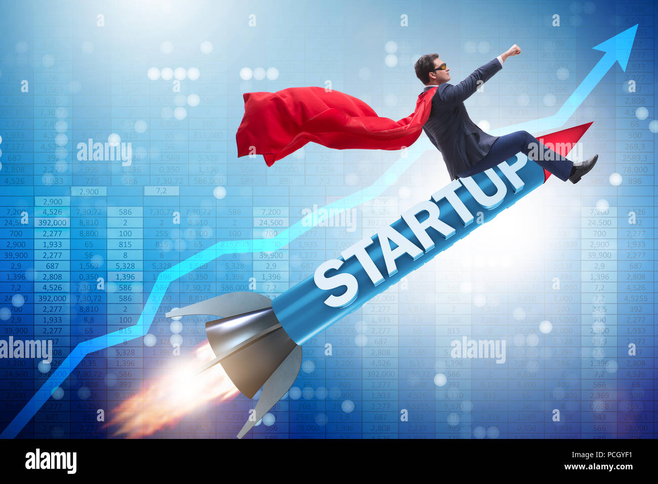 Superhero businessman in start-up concept flying rocket Stock Photo - Alamy