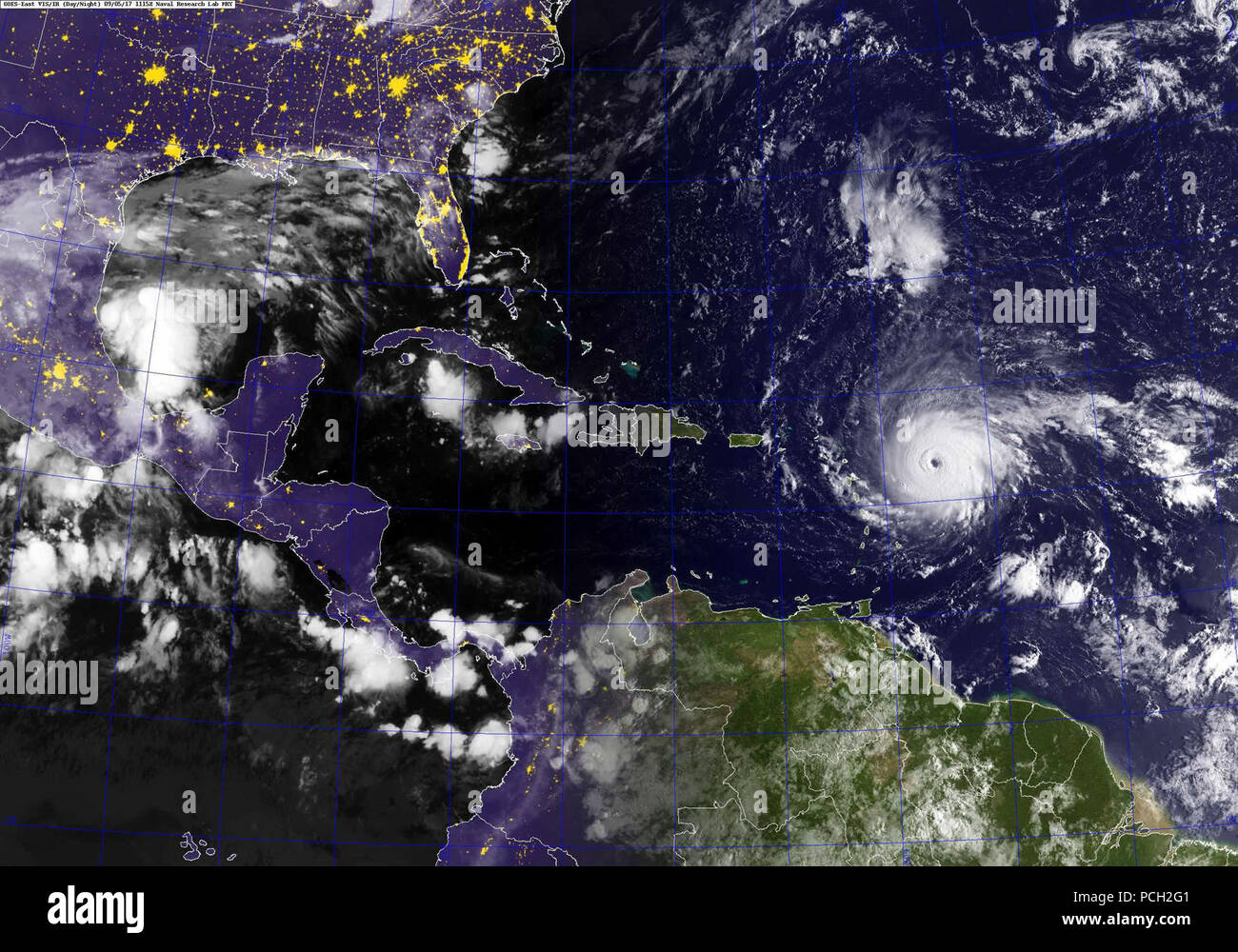 ATLANTIC OCEAN (Sept. 5, 2017) A GOES satellite image showing Hurricane Irma in the Atlantic Ocean. The storm is a category 4 hurricane on the Saffir-Simpson hurricane wind scale. Maximum sustained winds have increased to near 150 mph (240 km/h) with higher gusts. Some fluctuations in intensity are likely during the next day or two, but Irma is forecast to remain a powerful category 4 hurricane. Hurricane-force winds extend outward up to 45 miles (75 km) from the center and tropical-storm-force winds extend outward up to 140 miles (220 km). The estimated minimum central pressure is 937 mb (27. Stock Photo