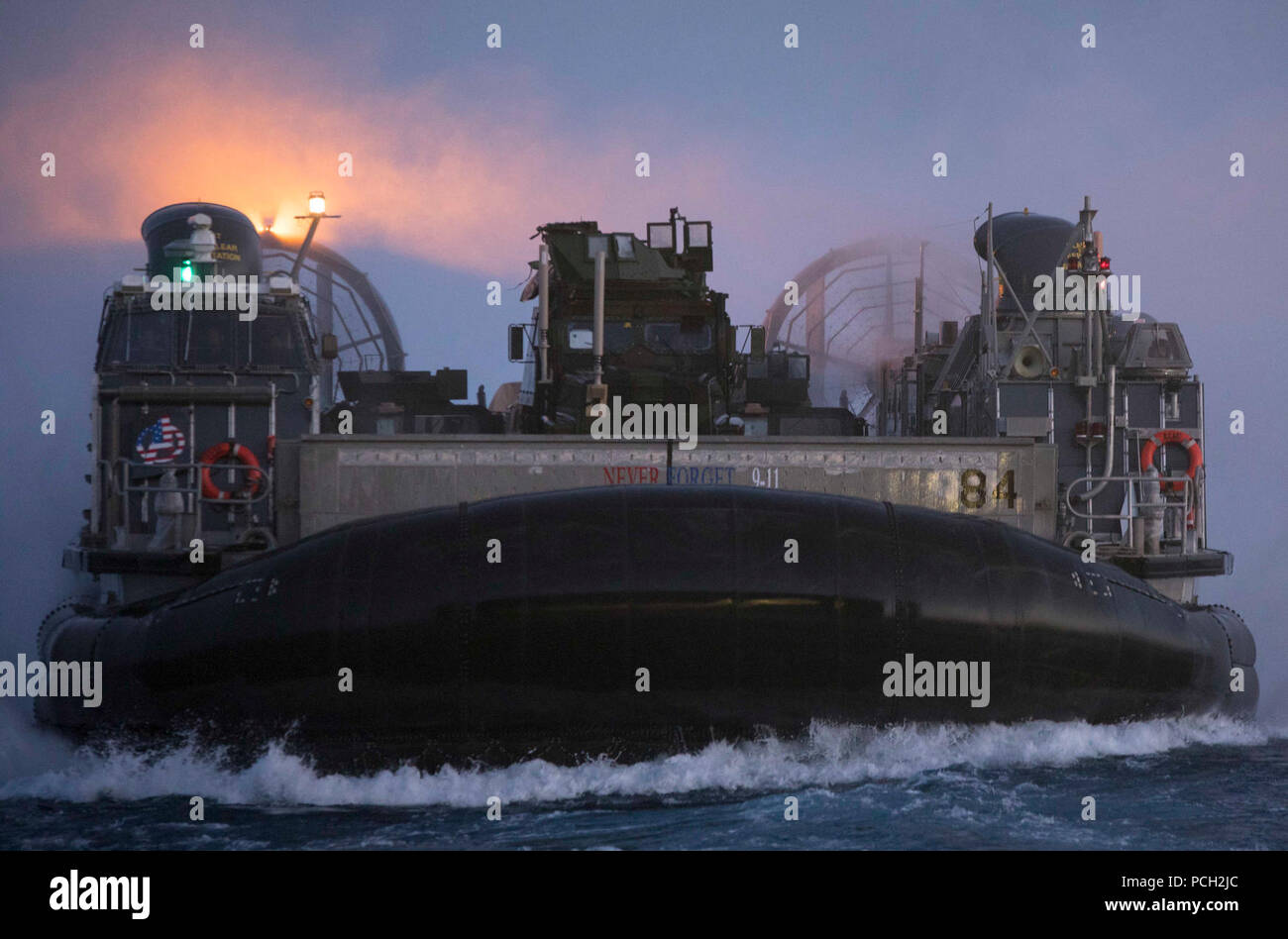 MEDITERRANEAN SEA (April 2, 2018) A landing craft, air cushion enters the well deck of the San Antonio-class amphibious transport dock ship USS New York (LPD 21). New York is homeported in Mayport, Fla., and is conducting naval operations in the U.S. 6th Fleet area of operations. Stock Photo