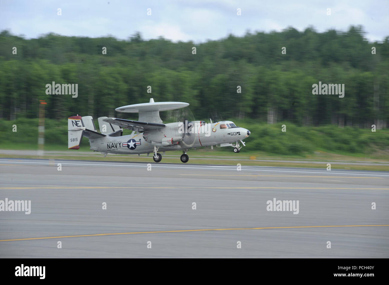 A U.S. Navy E-2C Hawkeye aircraft takes off to participate in the first training mission of Operation Northern Edge 11 at Joint Base Elemndorf-Richardson, Alaska, June 13, 2011. Northern Edge, Alaska's largest military training exercise, was designed to prepare joint forces to respond to crises throughout the Asia-Pacific region. Stock Photo