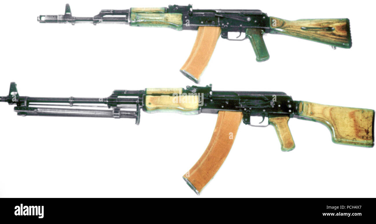 A left side view of a 5.45mm Soviet AK-74 assault rifle, top, and a 5.45mm RPK-74 light machine gun, bottom.  The RPK-74 is the light machine gun version of the AK-74 and has a longer, heavier barrel, a larger magazine, and an attached bipod. Stock Photo