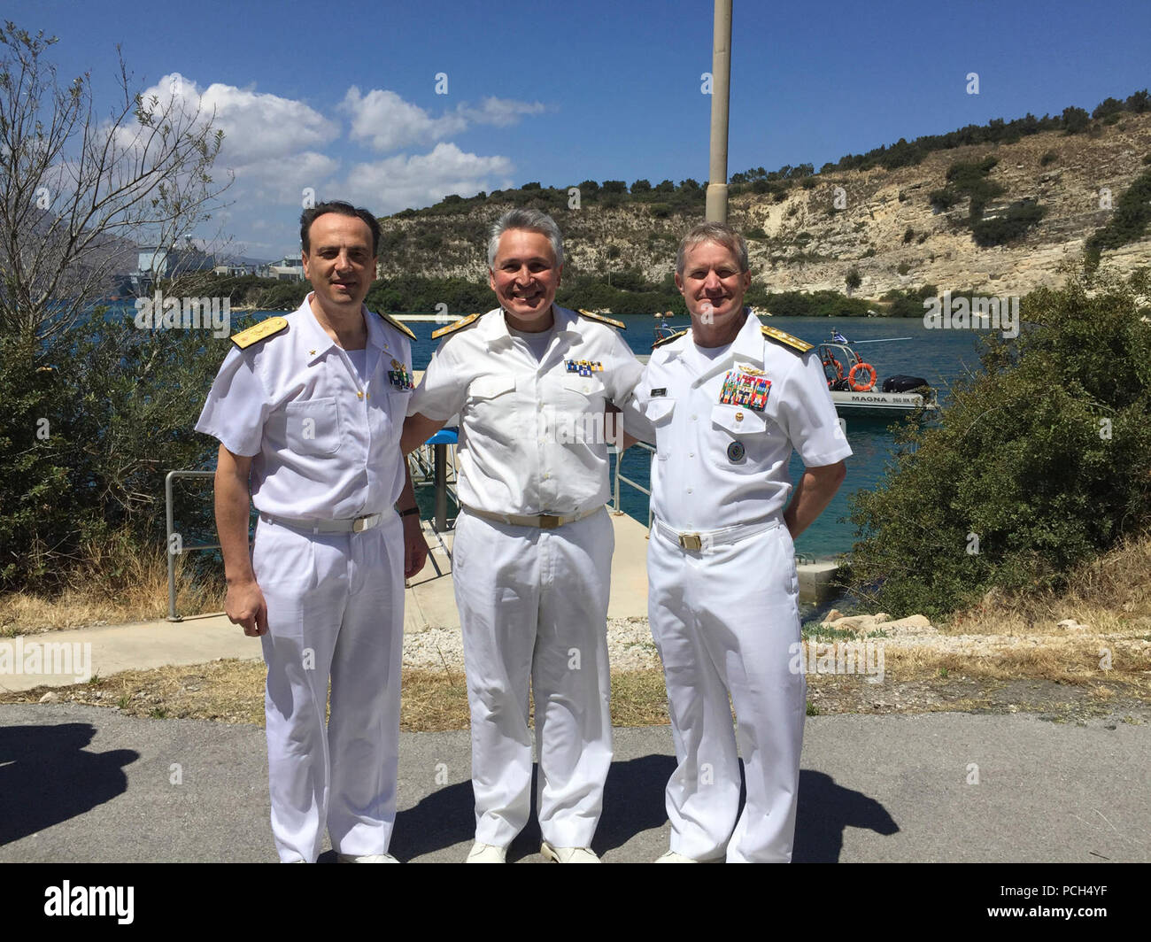 SOUDA BAY, Greece (May 17, 2016)  Rear Adm. Kevin Kovacich, Director of Strategy, Plans, and programs, U.S. Africa Command, and Italian Navy Rear Adm. Alberto Maffeis, Commander Patrol Forces Italy joined with Hellenic Navy Commodore Georgios Tsogkas, Commandant of NATO Maritime Interdiction Operational Training Center for a tour of Naval Support Activity Souda Bay as part of exercise Phoenix Express 2016 opening ceremony May 17. Phoenix Express 2016, sponsored and facilitated by U.S Africa Command, is designed to improve regional cooperation, increase maritime domain awareness, information-sh Stock Photo