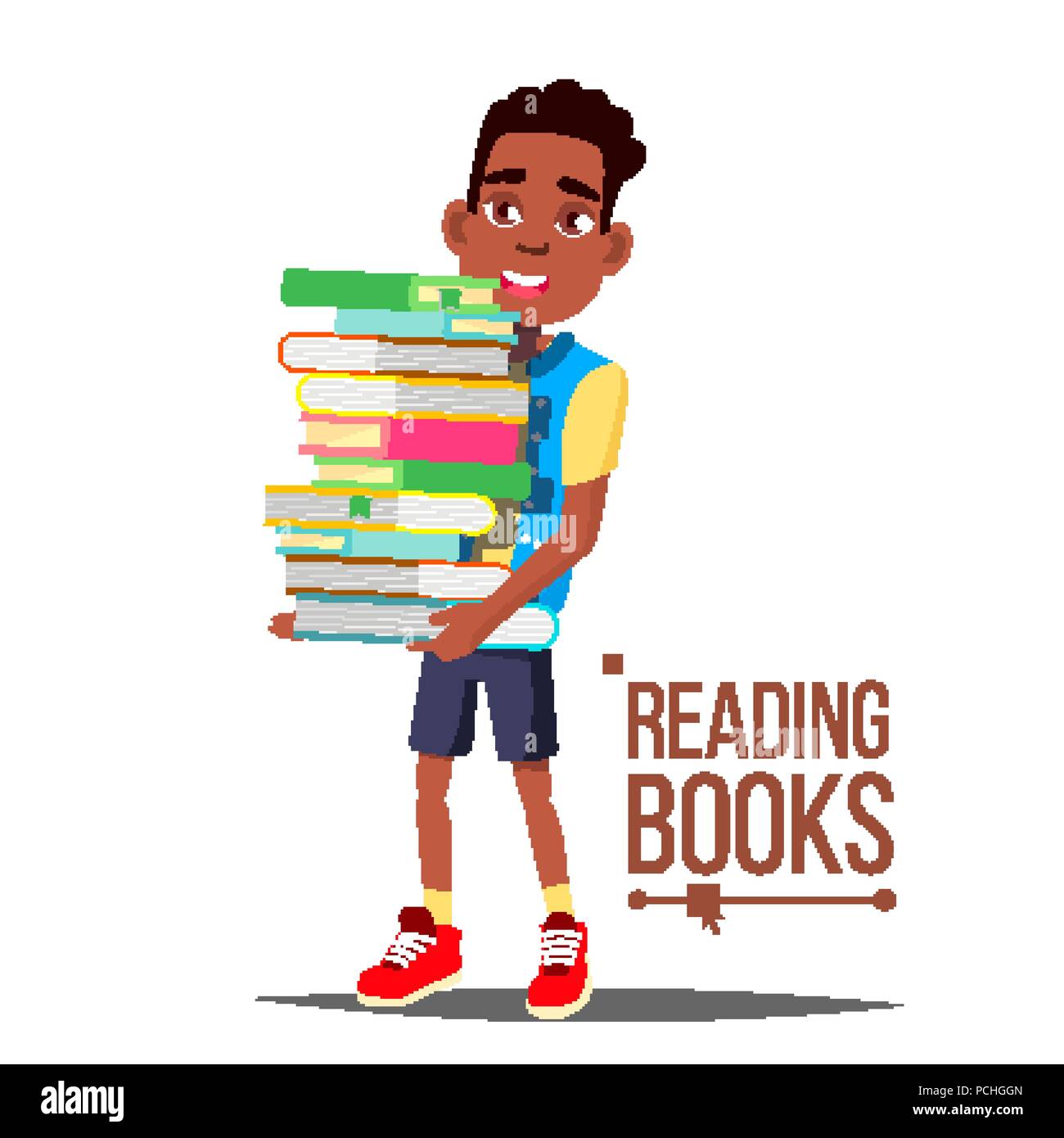 Children Reading Books Vector Arfo American Boy With Big Stack Of