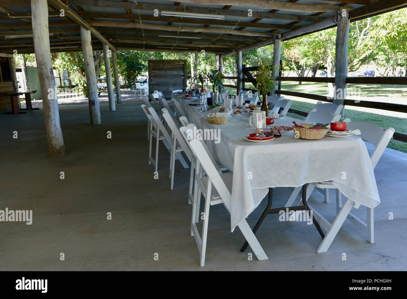 Undercover outdoor dining table, Herveys Range Heritage Tea Rooms, Townsville, Queensland