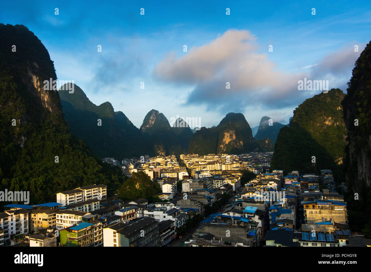 Cityscape of Yangshuo in China with famous karst formations Stock Photo