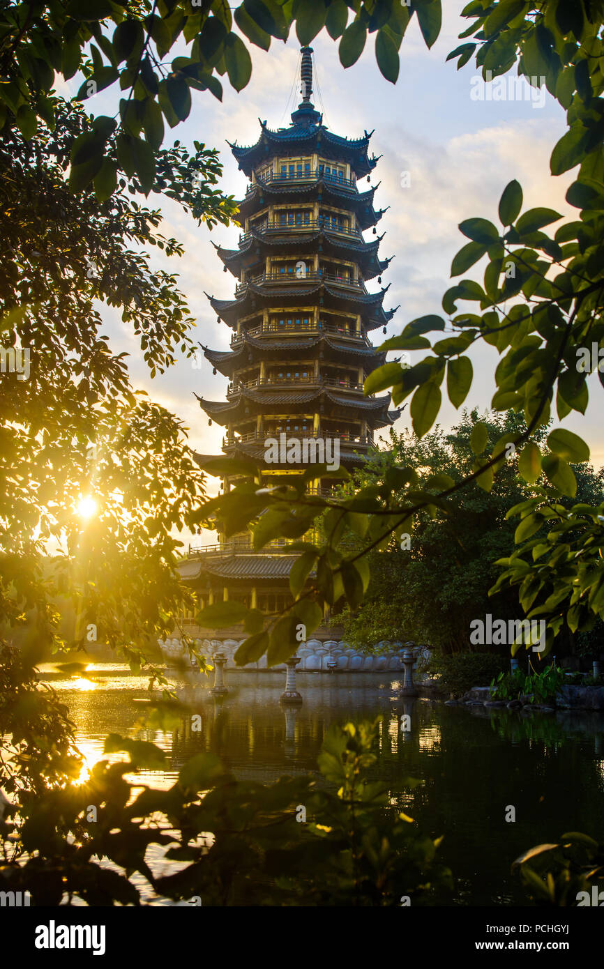Sunrise scene over the pagoda in Guilin city in China Stock Photo