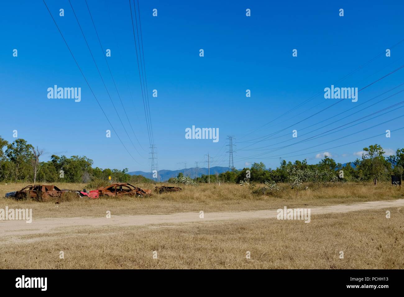 Overhead power Lines and towers going across the Australian landscape